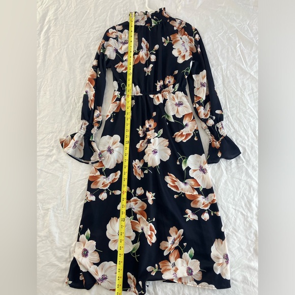 Boho SHEIN Mock Frill Neck Flounce Sleeve Navy Floral Maxi Long Dress Size S - Picture 6 of 12